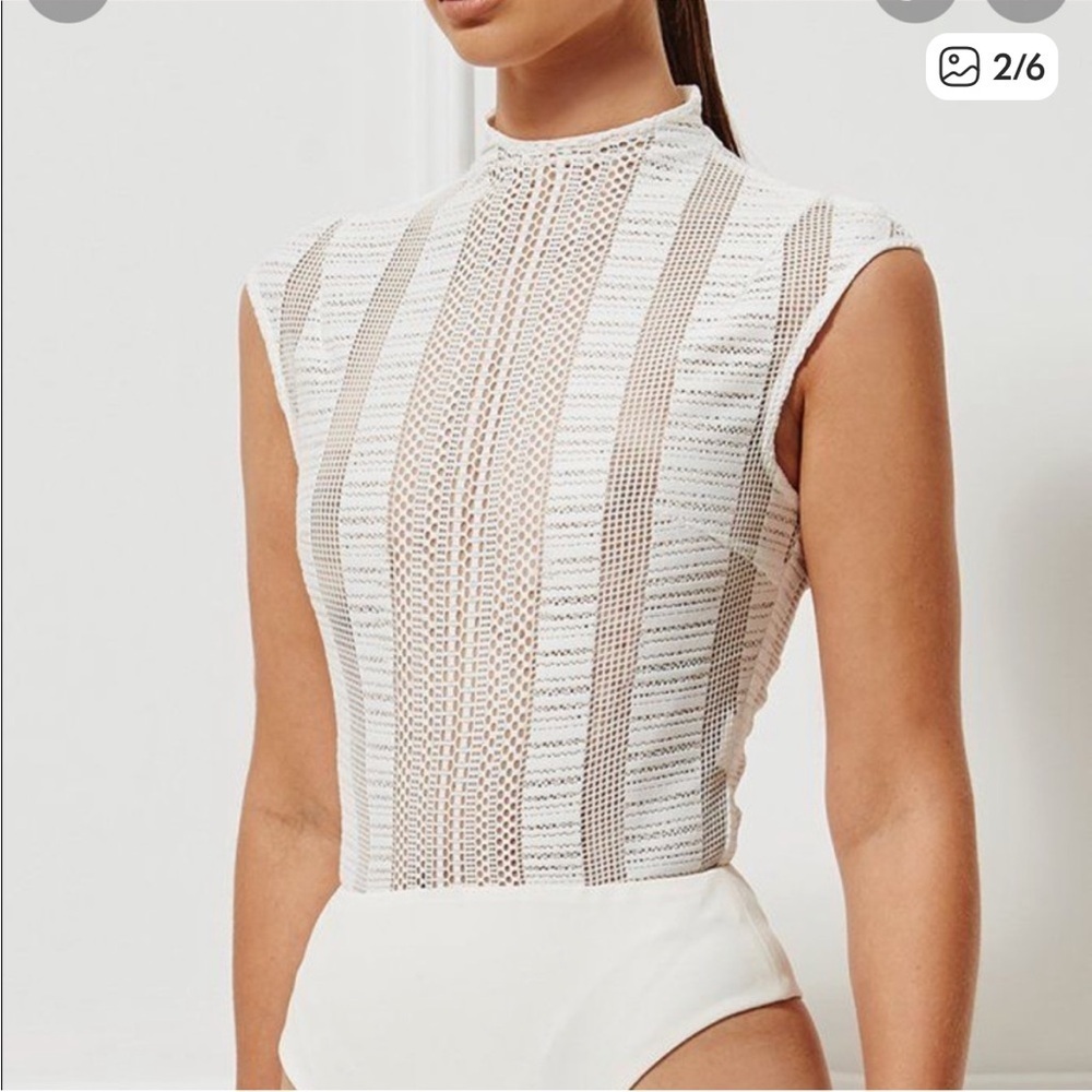 Misha Collection Giulia Lace Mesh Bodysuit White High Neck Size Large - Picture 2 of 16